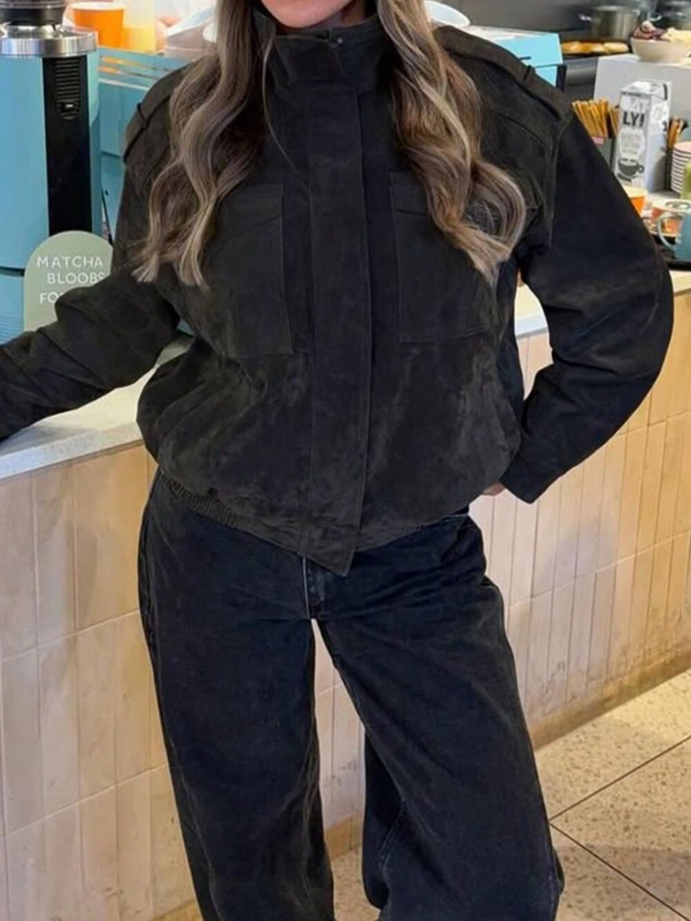 Black Casual Women's Suede Jacket with Lapel Collar, Pockets, Zipper